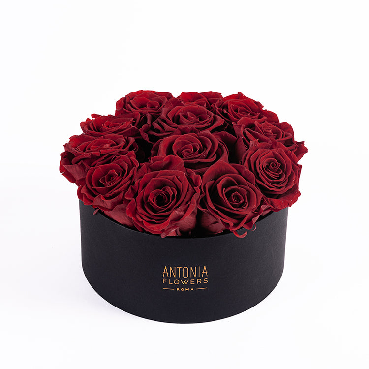 Flowerbox Florever con rose rosse stabilizzate in box nera Antonia Flowers